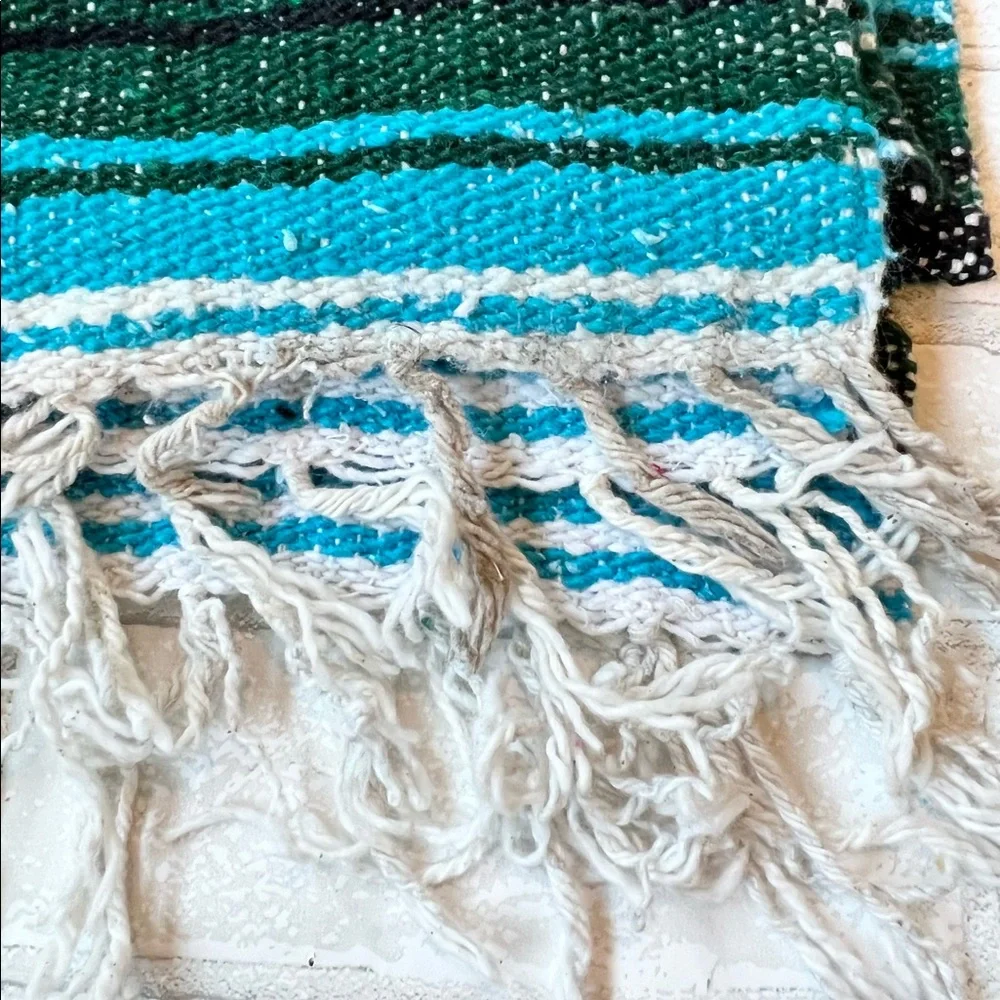 Authentic Mexican Falsa Blanket Turquoise Green Boho Yoga Picnic Throw